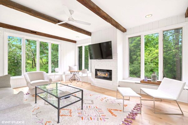 Fireplace, Interior, Living room, Recessed Lighting, Wooden Beams, Wood Texture Flooring