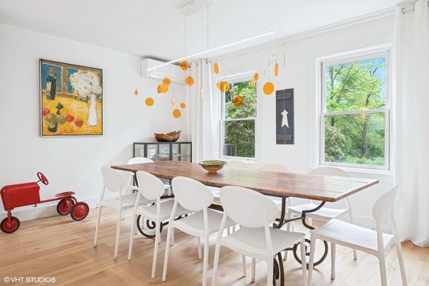 Dining room, Fitness Equipment, Interior, Pendant Lights, Wood Texture Flooring