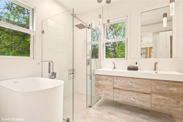 Bathroom, Dual Sink Vanities, Free Standing Baths, Glass Shower, Interior, Pendant Lights