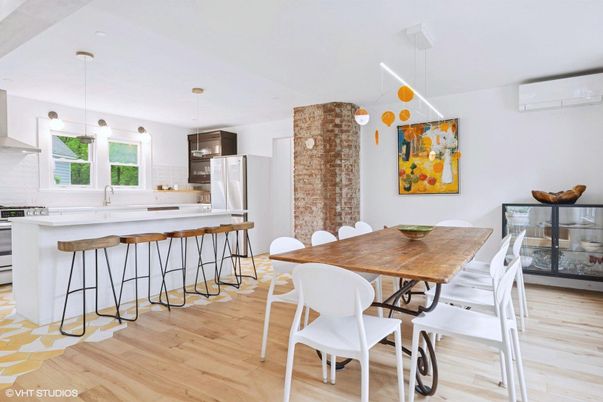 Dining room, Interior, Kitchen, Pendant Lights, Recessed Lighting, Stainless Steel Appliances, Wood Texture Flooring