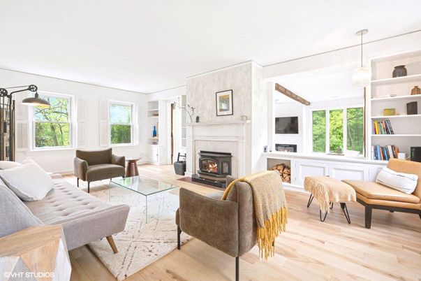 Fireplace, Interior, Living room, Pendant Lights, Wood Texture Flooring