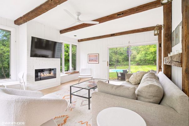 Fireplace, Interior, Living room, Wooden Beams, Wood Texture Flooring