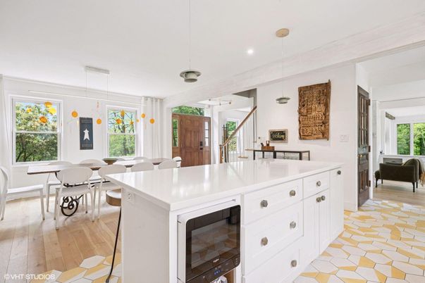Dining room, Interior, Pendant Lights, Recessed Lighting, Wood Texture Flooring