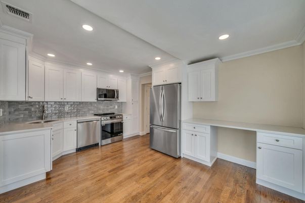 Interior, Kitchen, Recessed Lighting, Stainless Steel Appliances, Wood Texture Flooring
