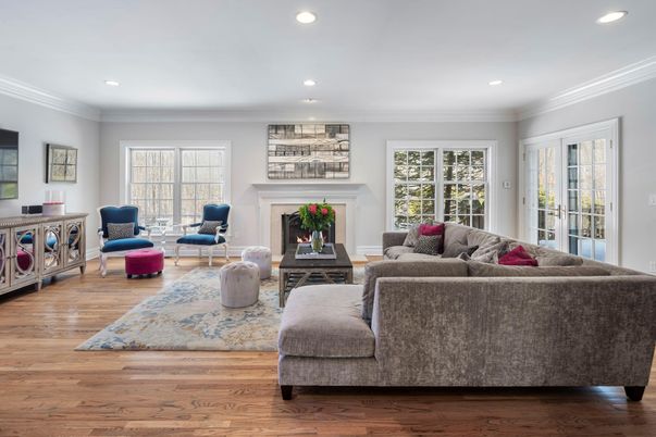 Fireplace, Interior, Living room, Recessed Lighting, Wood Texture Flooring