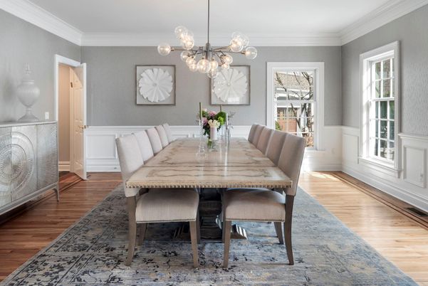 Dining room, Interior, Pendant Lights, Wood Texture Flooring