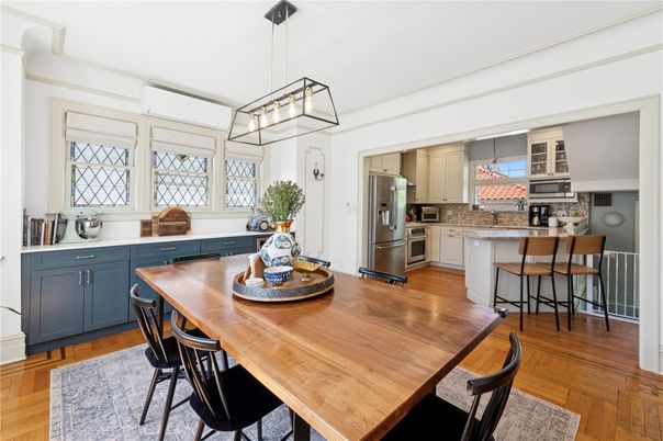 Dining room, Interior, Kitchen, Pendant Lights, Stainless Steel Appliances, Wood Texture Flooring