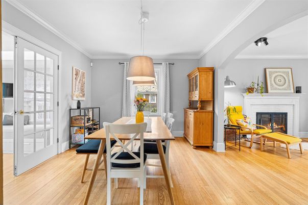 Dining room, Fireplace, Interior, Pendant Lights, Wood Texture Flooring