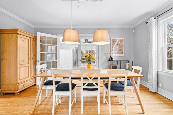 Dining room, Interior, Pendant Lights, Wood Texture Flooring