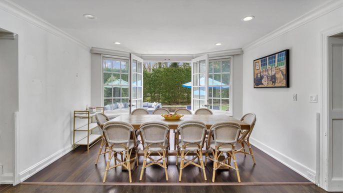 Dining room, Interior, Recessed Lighting, Wood Texture Flooring
