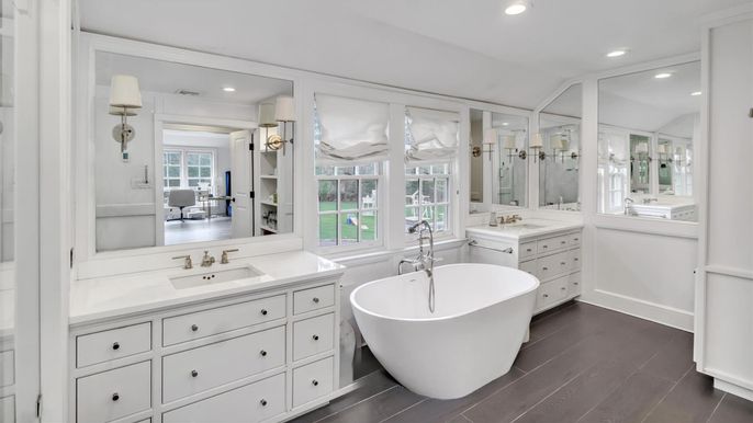 Bathroom, Dual Sink Vanities, Free Standing Baths, Interior, Recessed Lighting, Wood Texture Flooring