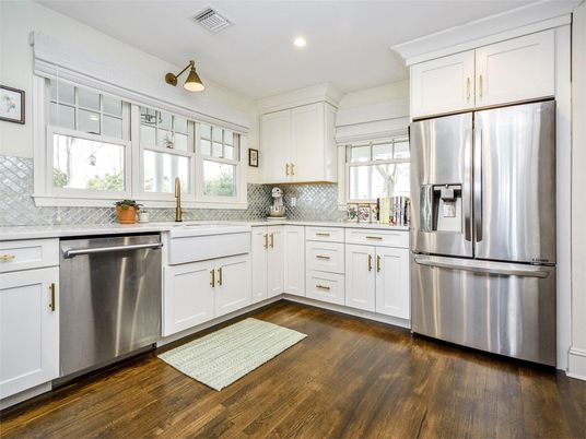 Interior, Kitchen, Recessed Lighting, Stainless Steel Appliances, Wood Texture Flooring