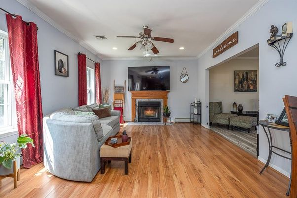 Fireplace, Interior, Living room, Recessed Lighting, Wood Texture Flooring