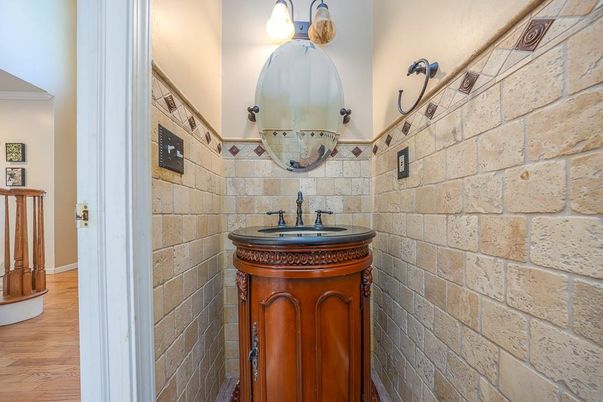 Bathroom, Interior, Stone Walls, Wood Texture Flooring