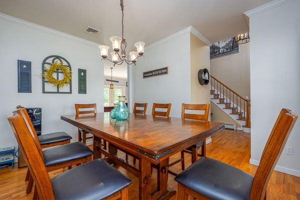 Chandelier, Dining room, Interior, Wood Texture Flooring