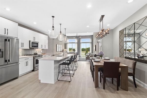 Chandelier, Dining room, Interior, Kitchen, Pendant Lights, Recessed Lighting, Stainless Steel Appliances, Wood Texture Flooring