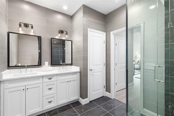 Bathroom, Dual Sink Vanities, Glass Shower, Interior, Recessed Lighting