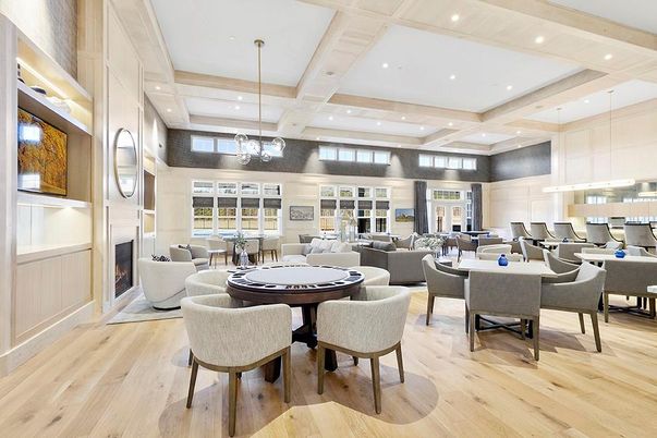 Dining room, Fireplace, Interior, Living room, Pendant Lights, Recessed Lighting, Wood Texture Flooring