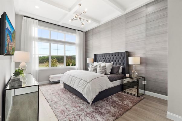 Bedroom, Interior, Pendant Lights, Recessed Lighting, Wood Texture Flooring