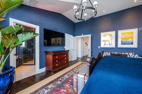 Bedroom, Chandelier, Interior, Recessed Lighting, Wood Texture Flooring