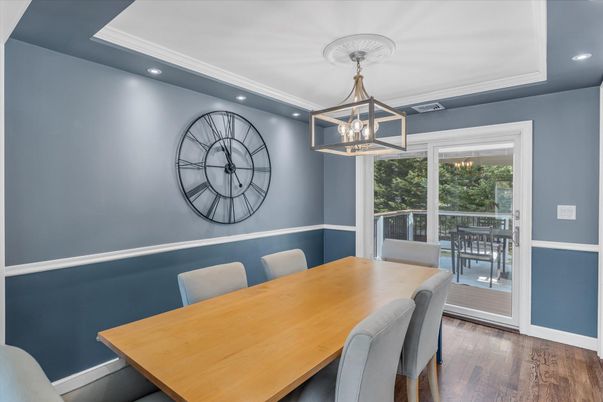 Dining room, Interior, Pendant Lights, Recessed Lighting, Wood Texture Flooring
