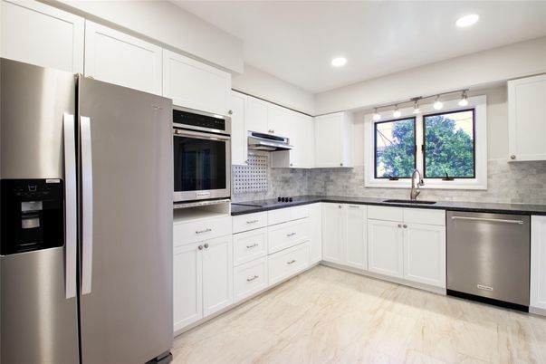 Interior, Kitchen, Marble, Recessed Lighting, Stainless Steel Appliances, Wood Texture Flooring
