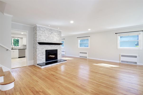 Empty room, Fireplace, Interior, Recessed Lighting, Wood Texture Flooring