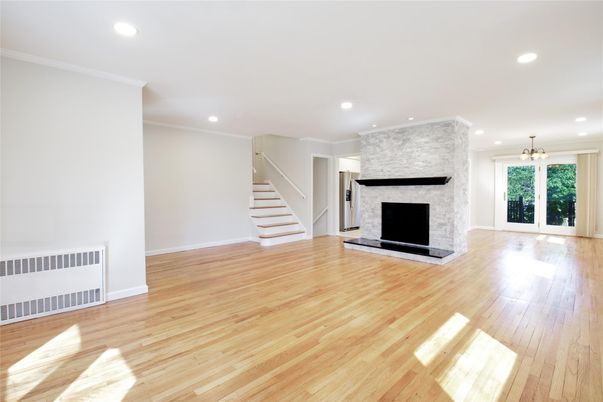 Empty room, Fireplace, Interior, Pendant Lights, Recessed Lighting, Wood Texture Flooring