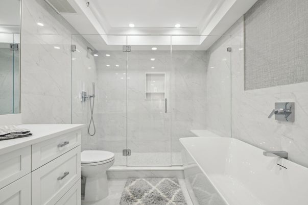 Bathroom, Glass Shower, Interior, Marble Walls, Recessed Lighting