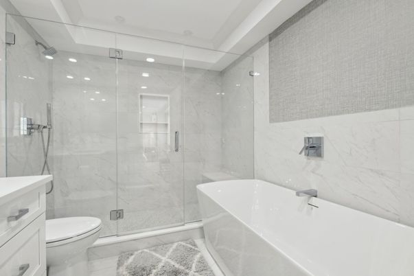 Bathroom, Glass Shower, Interior, Marble Walls, Recessed Lighting