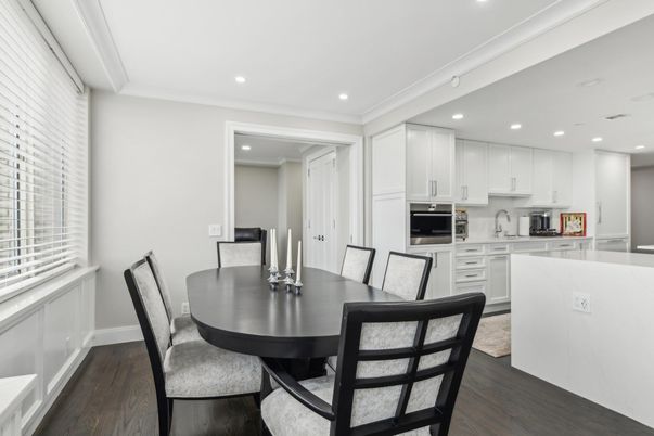 Dining room, Interior, Kitchen, Recessed Lighting, Stainless Steel Appliances, Wood Texture Flooring
