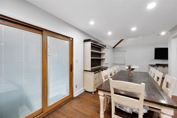 Dining room, Interior, Recessed Lighting, Wood Texture Flooring