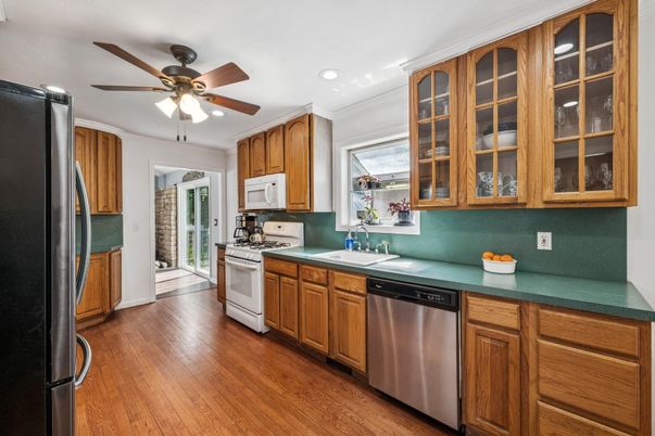 Interior, Kitchen, Recessed Lighting, Stainless Steel Appliances, Wood Texture Flooring