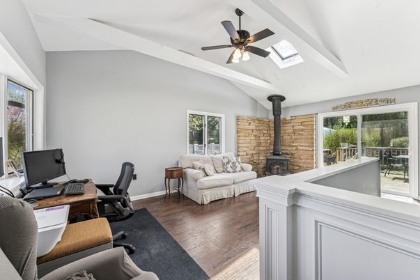 Fireplace, Home Office, Interior, Stone Walls, Wood Texture Flooring