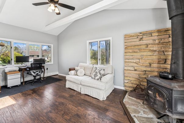 Home Office, Interior, Stone Walls, Wood Texture Flooring