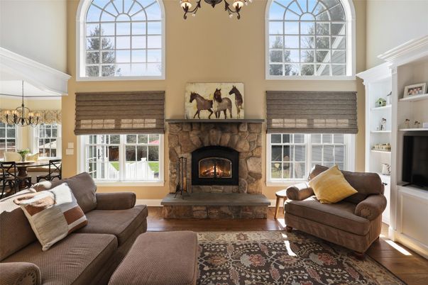 Chandelier, Dining room, Fireplace, Interior, Living room, Wood Texture Flooring