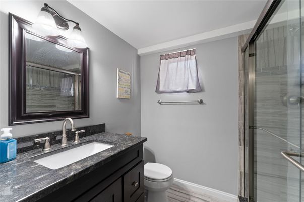 Bathroom, Glass Shower, Interior, Wood Texture Flooring