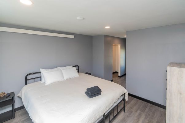 Bedroom, Interior, Recessed Lighting, Wood Texture Flooring