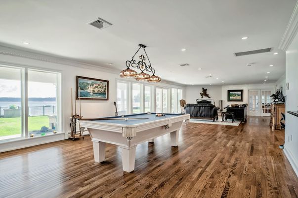 Billiard Table, Fireplace, Game Room, Interior, Pendant Lights, Piano, Recessed Lighting, Wood Texture Flooring