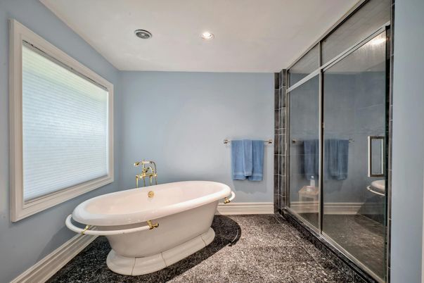 Bathroom, Free Standing Baths, Glass Shower, Interior, Recessed Lighting