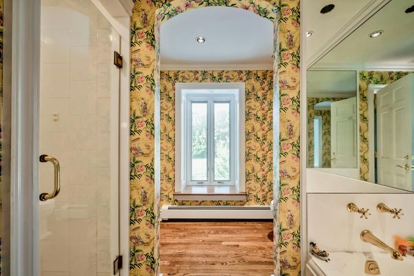 Bathroom, Glass Shower, Interior, Recessed Lighting, Wood Texture Flooring