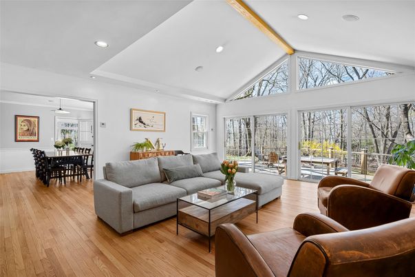 Dining room, Interior, Living room, Recessed Lighting, Wood Texture Flooring