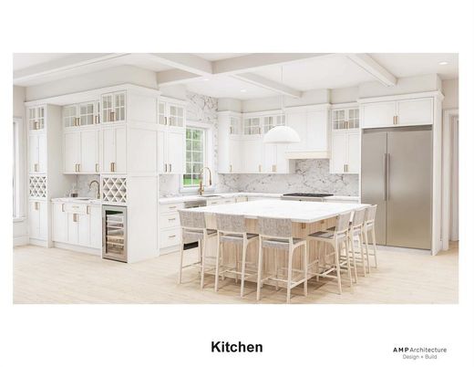 Interior, Kitchen, Marble Walls, Pendant Lights, Recessed Lighting, Stainless Steel Appliances, Wood Texture Flooring