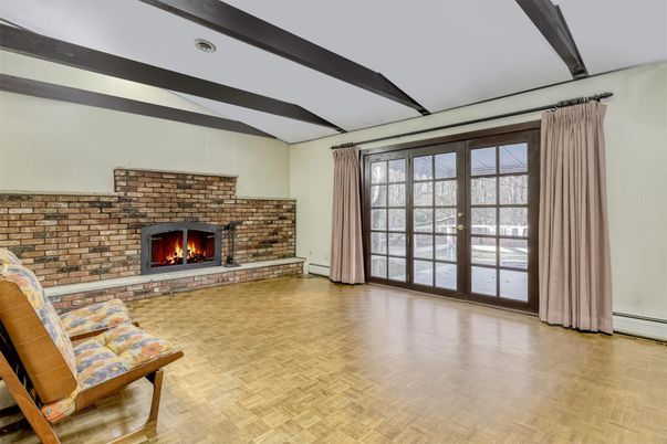 Empty room, Fireplace, Interior, Wooden Beams, Wood Texture Flooring