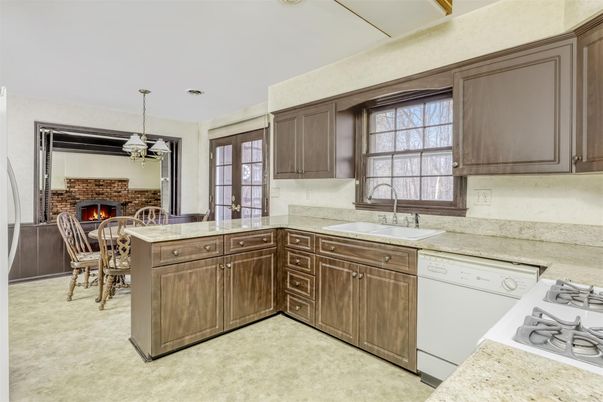 Dining room, Fireplace, Interior, Kitchen, Pendant Lights, Stone Walls