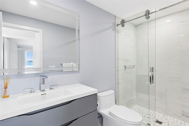 Bathroom, Glass Shower, Interior, Marble Walls, Recessed Lighting