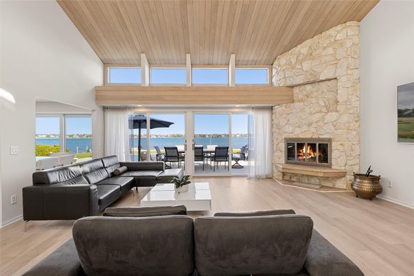 Fireplace, Interior, Living room, Stone Walls, Water, Wooden Ceilings, Wood Texture Flooring