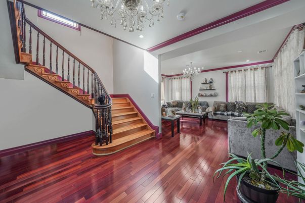 Chandelier, Interior, Living room, Recessed Lighting, Wood Texture Flooring