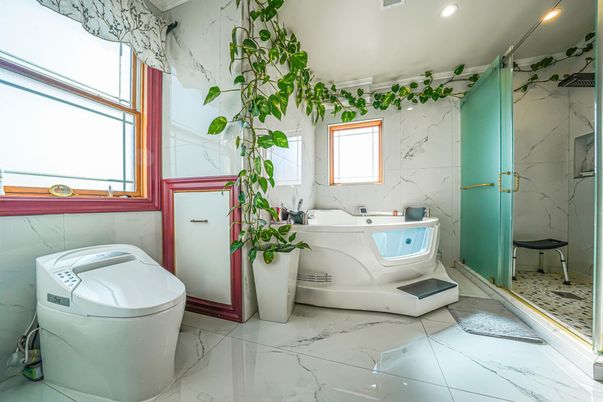 Bathroom, Glass Shower, Interior, Marble, Marble Walls, Recessed Lighting