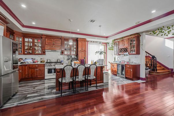 Interior, Kitchen, Pendant Lights, Recessed Lighting, Stainless Steel Appliances, Wood Texture Flooring